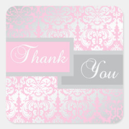 Adesivo Quadrado Rosa e Cinza Damasco Obrigado Sticker