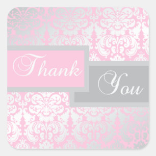 Adesivo Quadrado Rosa e Cinza Damasco Obrigado Sticker