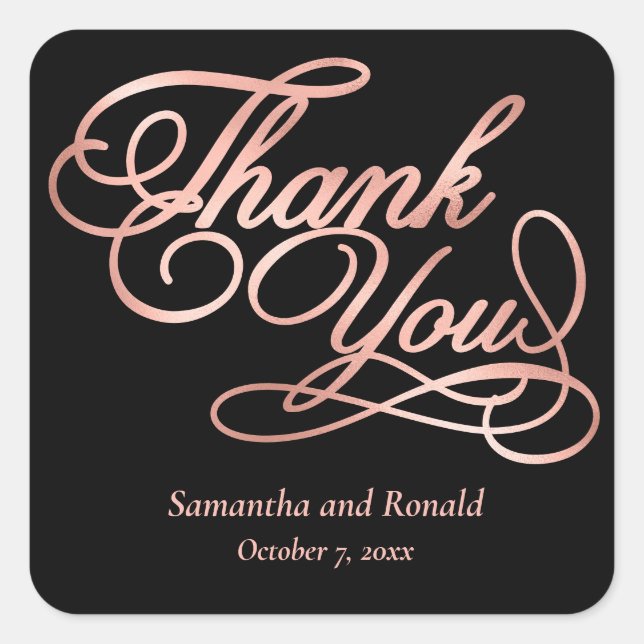 Adesivo Quadrado Rosa e Dourado Obrigado Casamento de Caligrafia (Frente)