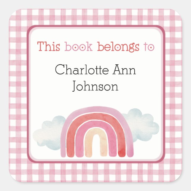 Adesivo Quadrado Rosa Este Livro Pertence a Penhor com Arco-Íris (Frente)