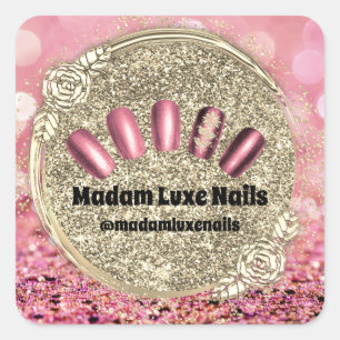 Adesivo Quadrado Rosa Floral de Glitter Dourado de Miniatura de Lux