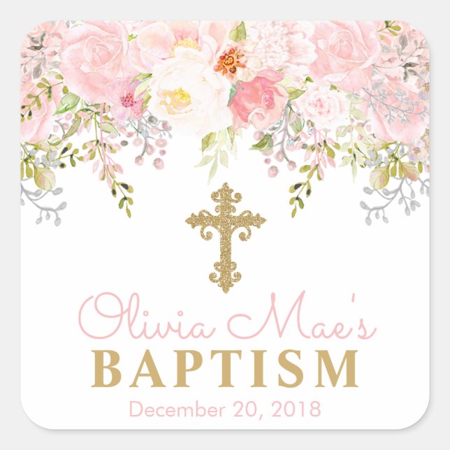 Adesivo Quadrado Rosa Garden Girl Baptism Square Stickers (Frente)