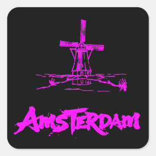 Adesivo Quadrado Rosa Neon Moinho de Vento Amsterdã Esboço Moderno 