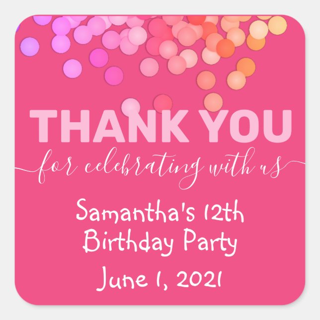 Adesivo Quadrado Rosa Obrigado por Celebrar conosco Aniversário (Frente)