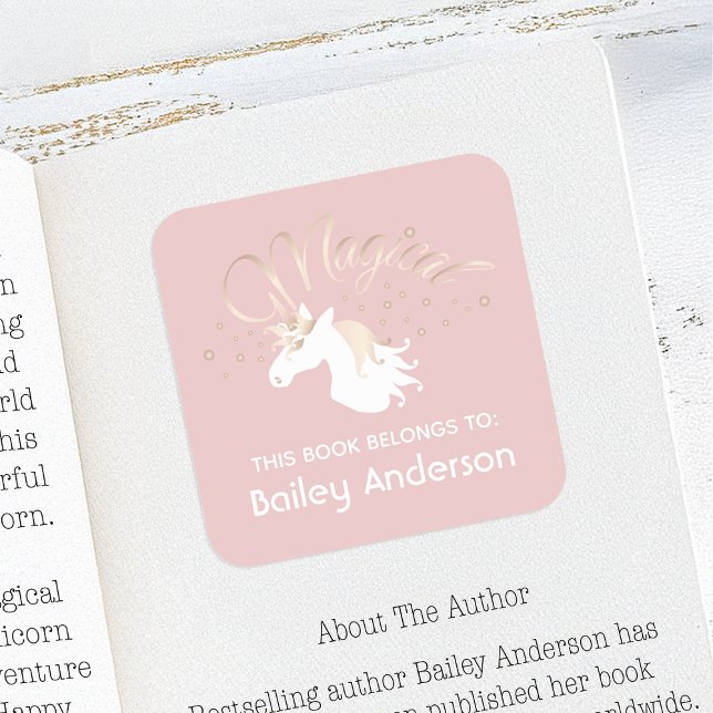 Adesivo Quadrado Rosa Pink Magical Unicorn Este Livro Pertence (Criador carregado)