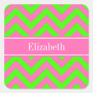 Adesivo Quadrado Rosa Quente #2 Verde Lima Chevron Nome Monograma L