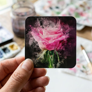 Adesivo Quadrado Rosa Rosa Aquarela em Fundo Preto