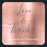 Adesivo Quadrado Rosa Rosa Rosa Dourada, Chic Metalical Amor e Obri<br><div class="desc">Cor-de-rosa-azul - Rosa Dourado e Carvões - Tipografia Script Faux Metal Metálico Faux Elegante Love and Obrigado - Obrigado A Favor Sticker que pode ser usado como um Envelope Seal. Este adesivo pode ser personalizado para incluir seu nome e data do casamento. Este adesivo faz parte de uma coleção de...</div>