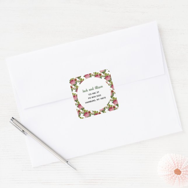 Adesivo Quadrado Rosa Rosa Rosa Minimalista Folha Verde Floral Míni (Envelope)