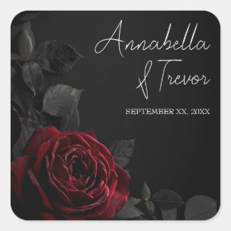 Adesivo Quadrado Rosa Vermelha em Nome Personalizado Floral Preto e