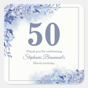 Adesivo Quadrado Rosas Azuis Elegantes Florais Aniversário de 50 an