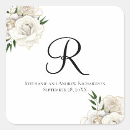 Adesivo Quadrado Rosas Brancas Monograma Floral Elegante Casamento