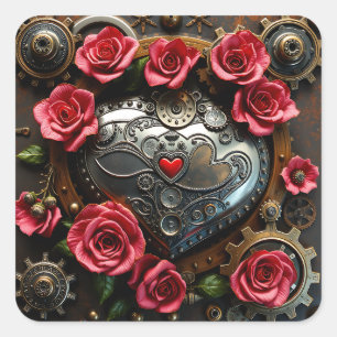 Adesivo Quadrado Rosas Cor-de-Rosa e Coração e Engrenagens de Metal