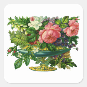 Adesivo Quadrado Rosas Cor-de-Rosa Florais Antigas, Vaso de Flores