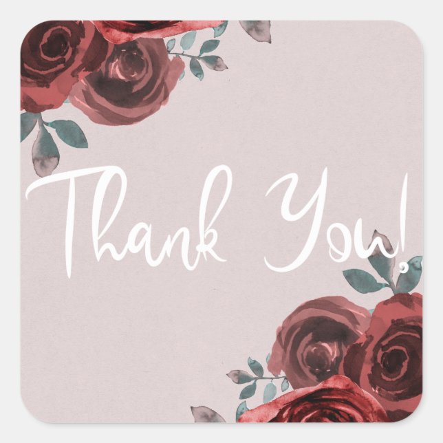Adesivo Quadrado Rosas de Aquarela Vermelho Burgundy Taupe com Folh (Frente)