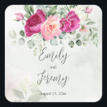 Adesivo Quadrado Rosas de ervilhas magenta de eucalipto verde<br><div class="desc">Greenery eucalyptus magenta rosas de pénia impermeável modelo.</div>