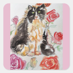 Adesivo Quadrado Rosas de Gato Tuxedo Flores de Gato Cats Rosa de A