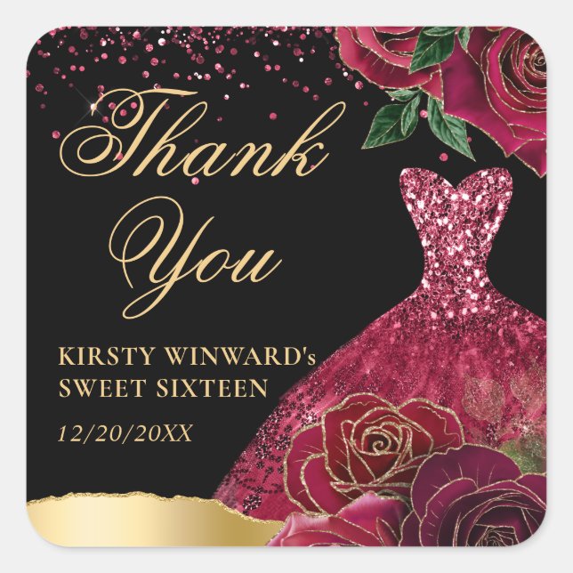 Adesivo Quadrado Rosas de gesso de glama vermelho e Dourado Doces 1 (Frente)