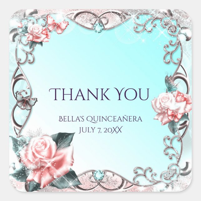 Adesivo Quadrado Rosas de Pêssego e Borboletas Festa de aniversário (Frente)