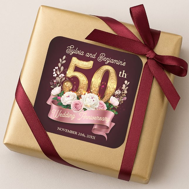 Adesivo Quadrado Rosas Dourados de aniversário de casamento Laurel  (Criador carregado)