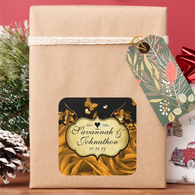 Adesivo Quadrado Rosas Dourados e Borboletas Selagem de Casamento (Feriado)