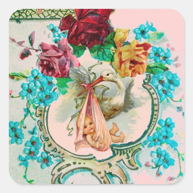 ADESIVO QUADRADO ROSAS E FLORES AZUIS DE TINTAS DE CHÁ DE FRALDAS D (Frente)