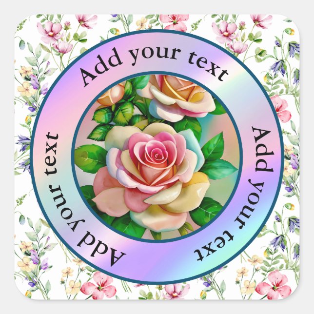 Adesivo Quadrado Rosas Elegantes Rosa e Amarelo Aquarela Pastel (Frente)