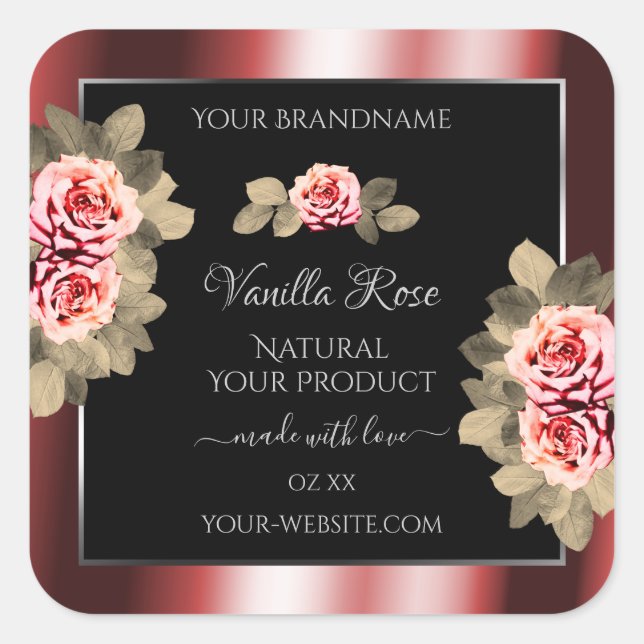 Adesivo Quadrado Rosas Elegantes Shimmering Red Black Product Label (Frente)