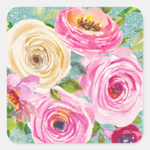 Adesivo Quadrado Rosas em Aquarela em Rosa e Creme com Glitter Aqua