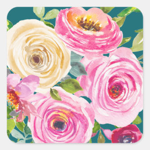 Adesivo Quadrado Rosas em Aquarela em Rosa e Creme em Azul Turquesa