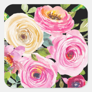 Adesivo Quadrado Rosas em Aquarela em Rosa e Creme sobre Preto