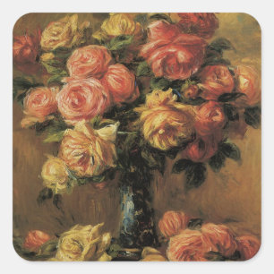 Adesivo Quadrado Rosas em um Vaso de Pierre Renoir, Arte Fino Antig