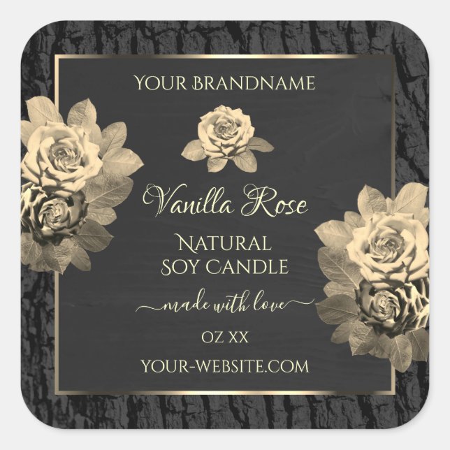 Adesivo Quadrado Rosas Florais Rótulos do Latido da Árvore Negra (Frente)