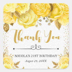 Adesivo Quadrado Rosas Glam Amarelo Aquarela Aniversário