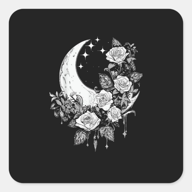 Adesivo Quadrado Rosas-Lua - Gótico Romântico - Whimsigoth Witchy W (Frente)
