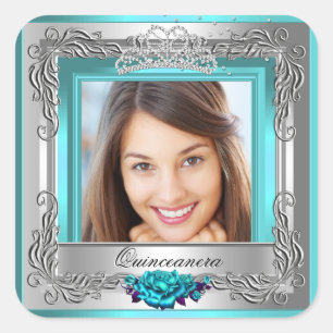 Adesivo Quadrado Rosas Prateadas Turquesa Quinceanera 15º Aniversár
