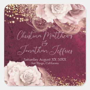 Adesivo Quadrado Rosas Românticos de Aquarela no Casamento Burgundy