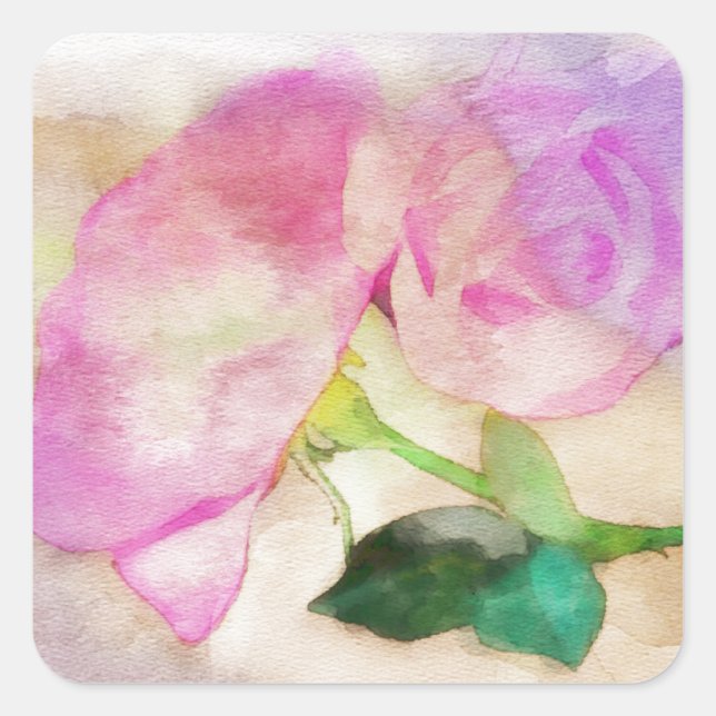 Adesivo Quadrado Rosas Rosa de Aquarela (Frente)