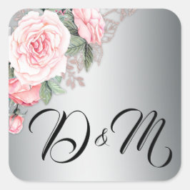 Adesivo Quadrado Rosas Rosa e Casamento Prateado