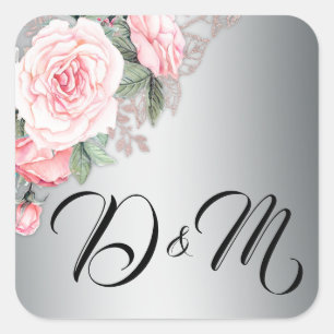 Adesivo Quadrado Rosas Rosa e Casamento Prateado
