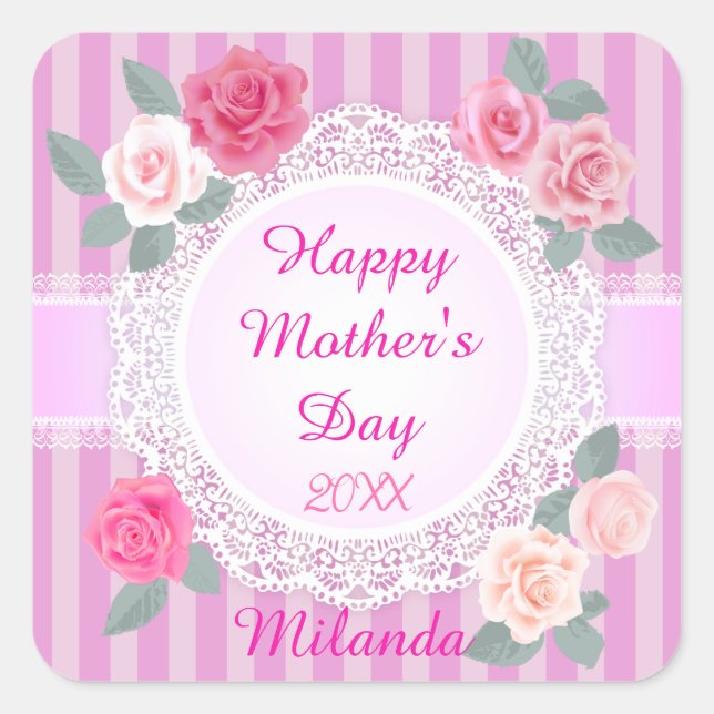 Adesivo Quadrado Rosas Rosa Feliz Dia das Mães (Frente)
