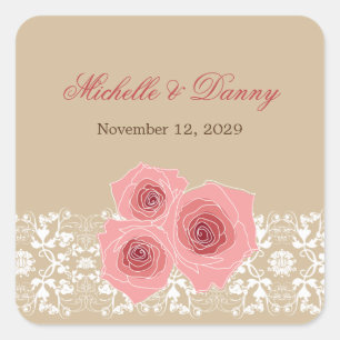 Adesivo Quadrado Rosas Rosa Românticas, Damask Lace Casamento