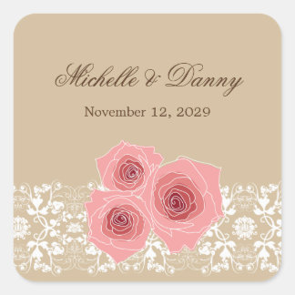 Adesivo Quadrado Rosas Rosa Românticas, Vinheta de Casamento Damask