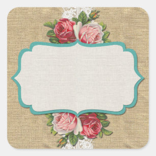 Adesivo Quadrado Rosas Shabby Chic em Renda Vintage e Burlap Rústic