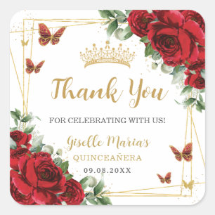 Adesivo Quadrado Rosas Vermelhas Borboletas Florais Quinceanera Swe