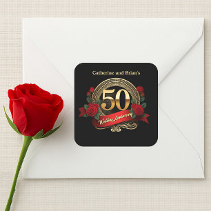 Adesivo Quadrado Rosas Vermelhas Douradas 50º Aniversário de Casame