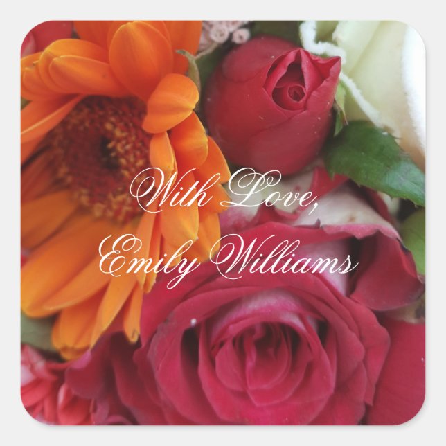 Adesivo Quadrado Rosas vermelhas Flores de Margarida Laranja Buquê  (Frente)