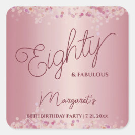 Adesivo Quadrado Rose Gold 80th Birthday Party 