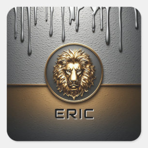 Adesivo Quadrado Rosto de Leão Dourado Com Metal Derramando 🦁