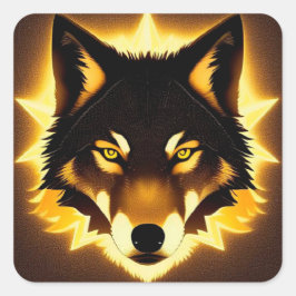 Adesivo Quadrado Rosto de Lobo Radiante Iluminado por Luz Dourada